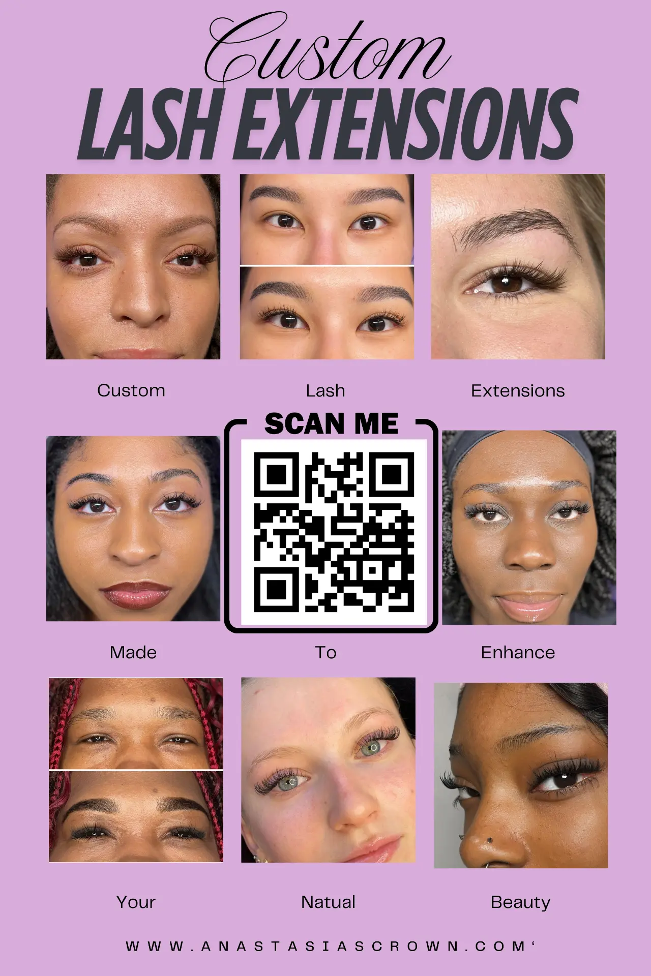 Examples of custom lash extensions by Jessica Pearson with a QR code for lash booking.