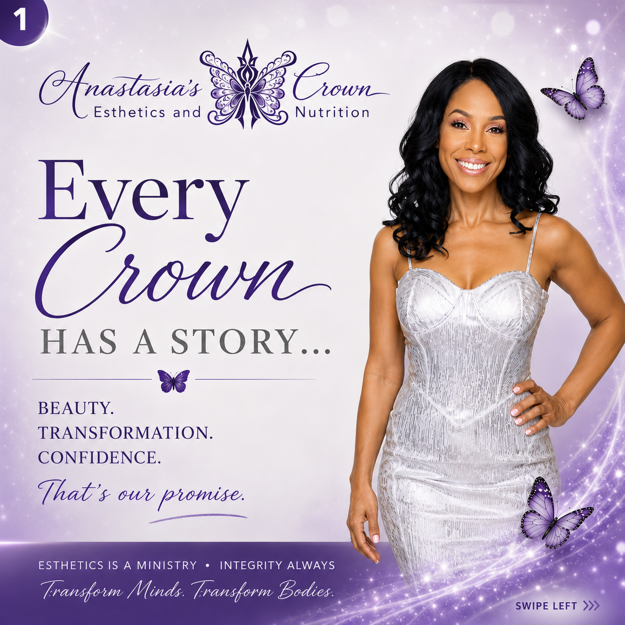Yvette Royal beside the words “Every crown has a story”, introducing the promise behind Anastasia's Crown.