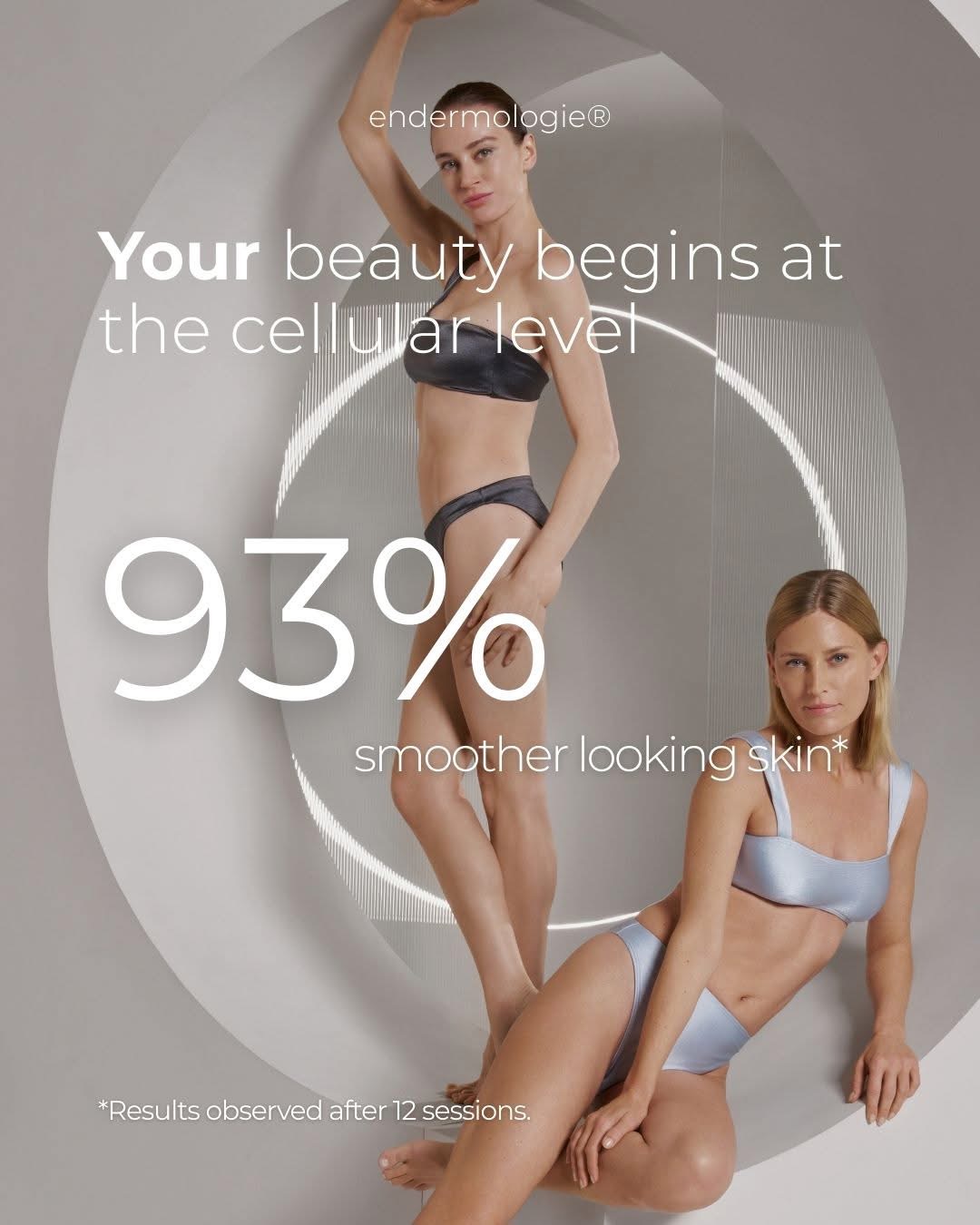 LPG Endermologie manufacturer graphic reading 93% of clients saw smoother cellulite, with the caption 'Results observed after 12 sessions'.