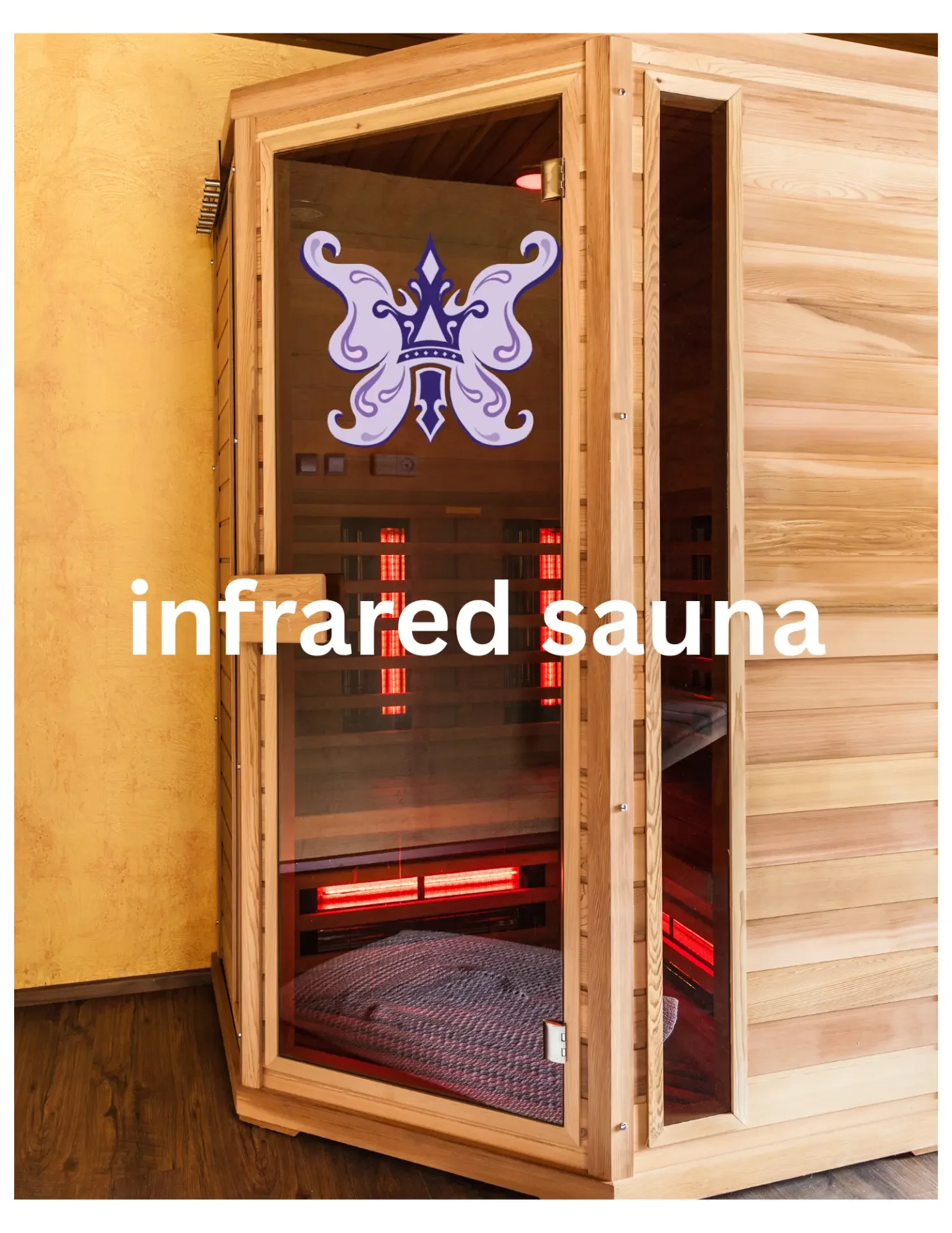 Wooden infrared sauna at Anastasia’s Crown with interior infrared lights and the purple butterfly crown logo.
