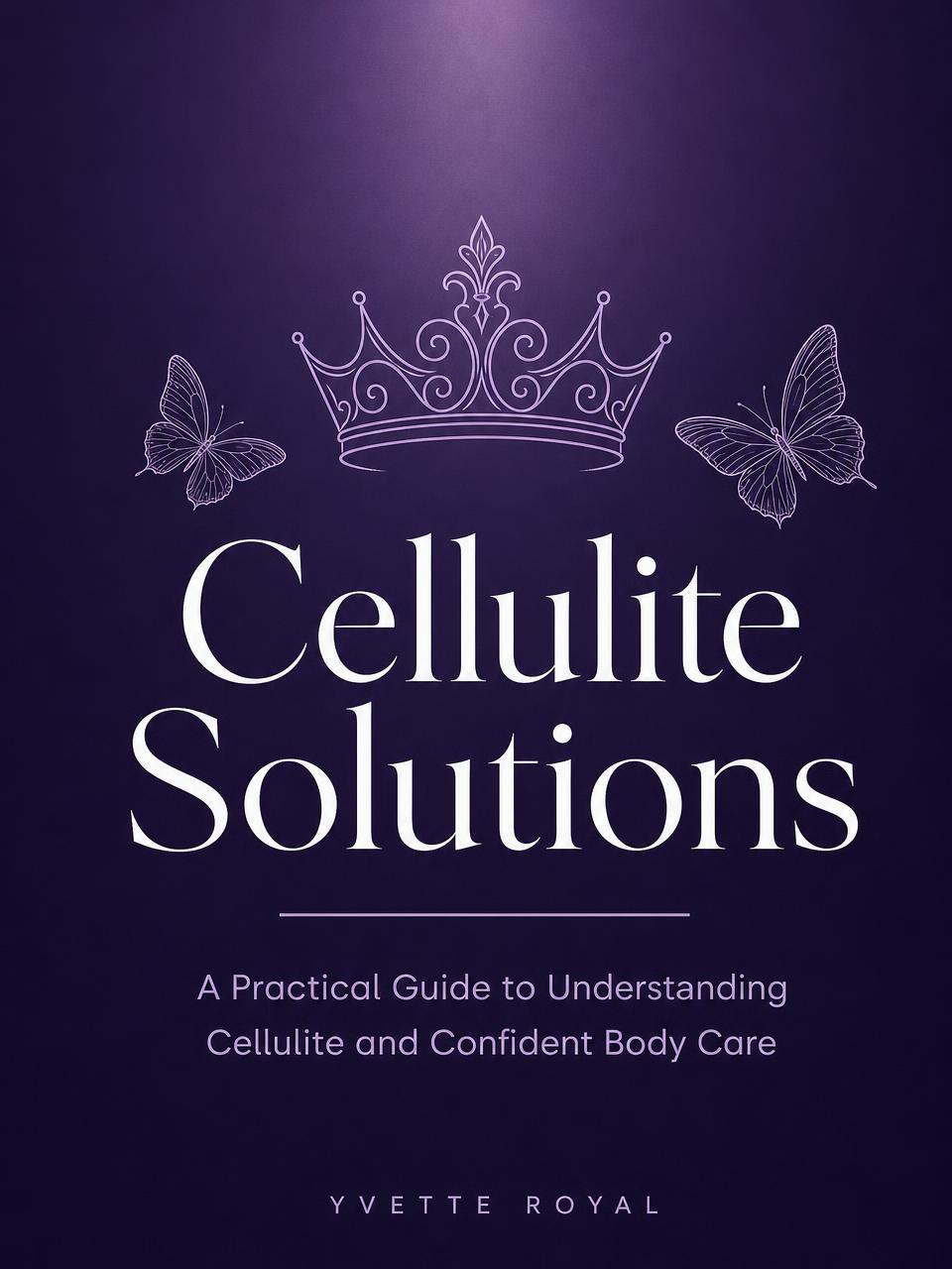The Cellulite Solutions book cover by Yvette Royal, in deep royal purple with a lavender crown and butterfly details.