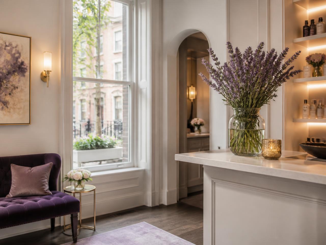 Reception area of the Shadyside studio with lavender accents.